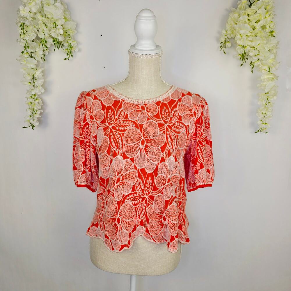 Solitaire Blouse Medium Orange Floral Embroidered Boho Textured Cottagecore